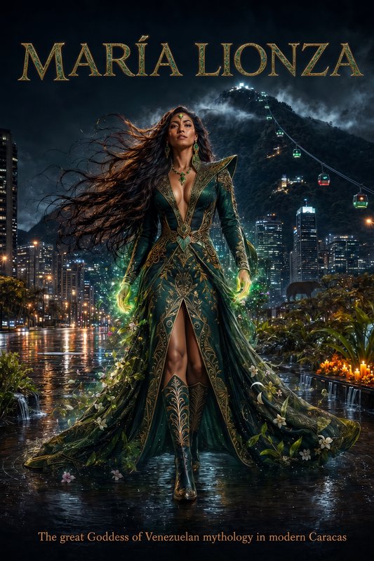 Fantasy poster of mythical Venezuelan goddess María Lionza standing over glowing night Caracas cityscape