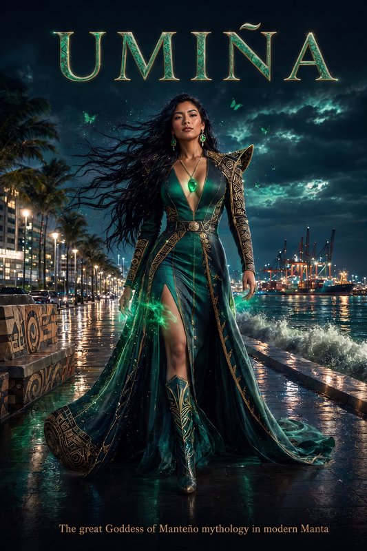 Mythological sea goddess Umiña stands on a rain-slicked modern waterfront promenade at night, wearing an ornate glowing e...