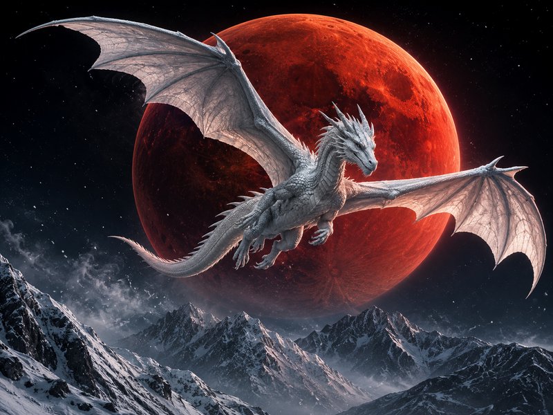 Pale white winged ice dragon soars above snow mountain peaks in front of a large glowing red blood moon night sky