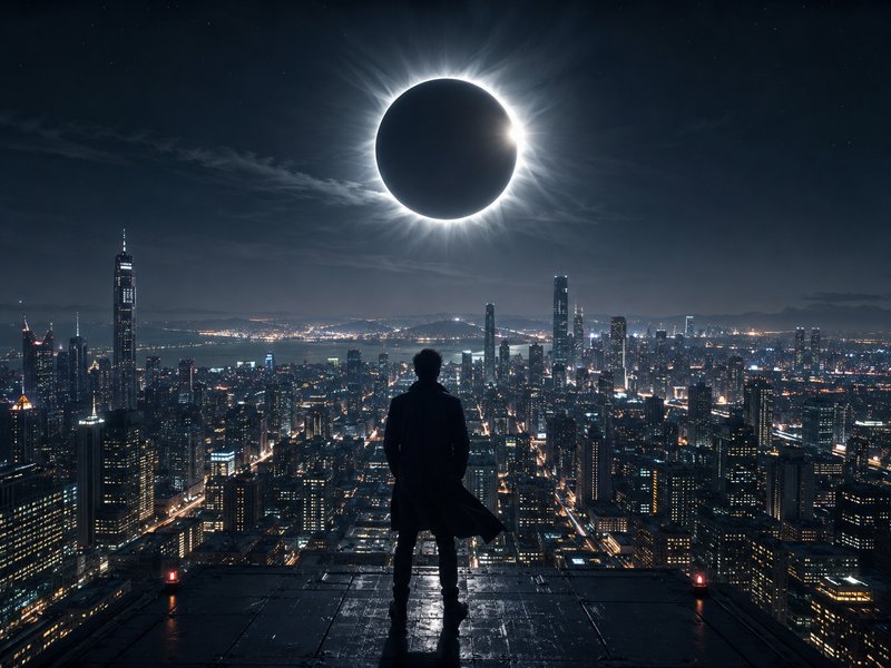 Silhouetted person on skyscraper rooftop watches total solar eclipse above glowing night city skyline