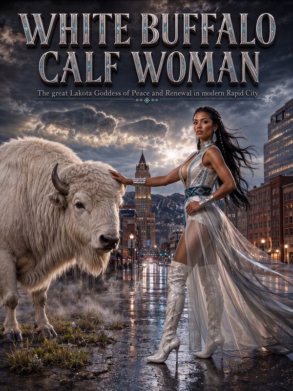 Hyperrealistic poster of Lakota goddess White Buffalo Calf Woman standing beside a sacred white buffalo on a rainy downtow...