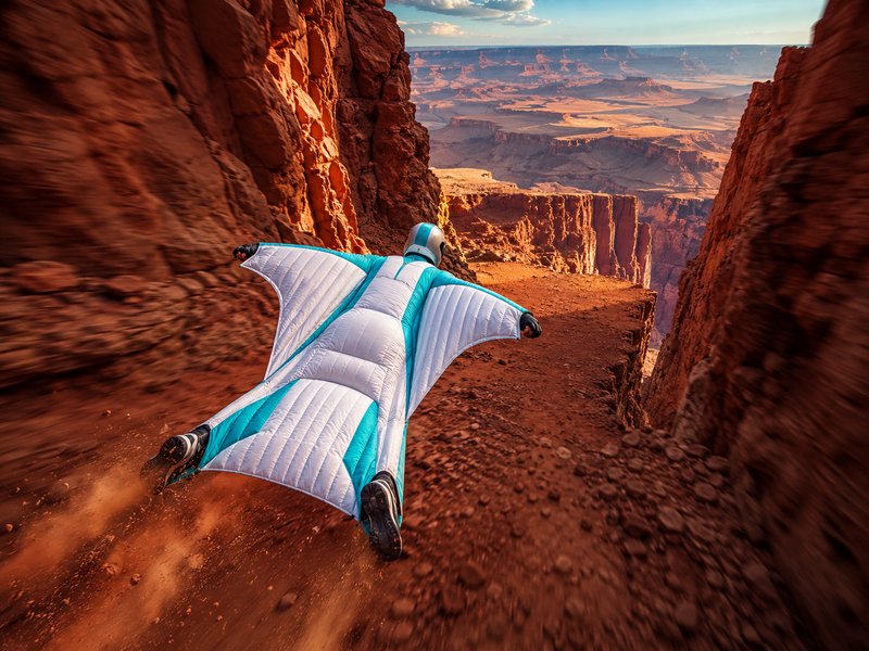 Wingsuit flyer in white and turquoise suit glides at high speed through a narrow red rock desert canyon, motion blur showi...