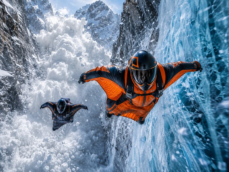 [Two wingsuit flyers soar through an icy mountain canyon as a powerful avalanche surges behind them]