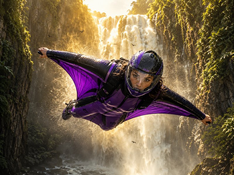 Female wingsuit flyer in a purple suit glides mid-air in front of a sunlit cascading rainforest waterfall, facing the camera.