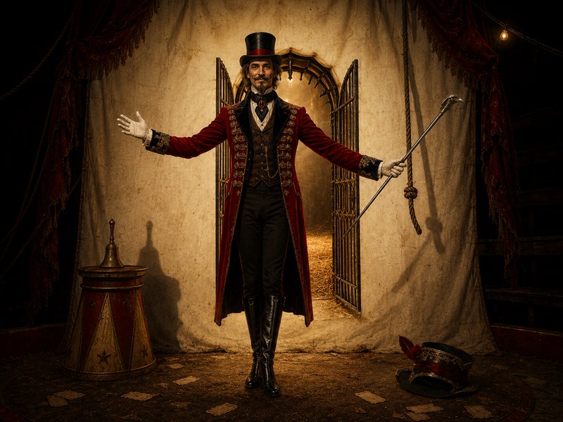 [Vintage circus ringmaster in top hat and ornate red coat stands with outstretched arms welcoming audiences on a big top s...