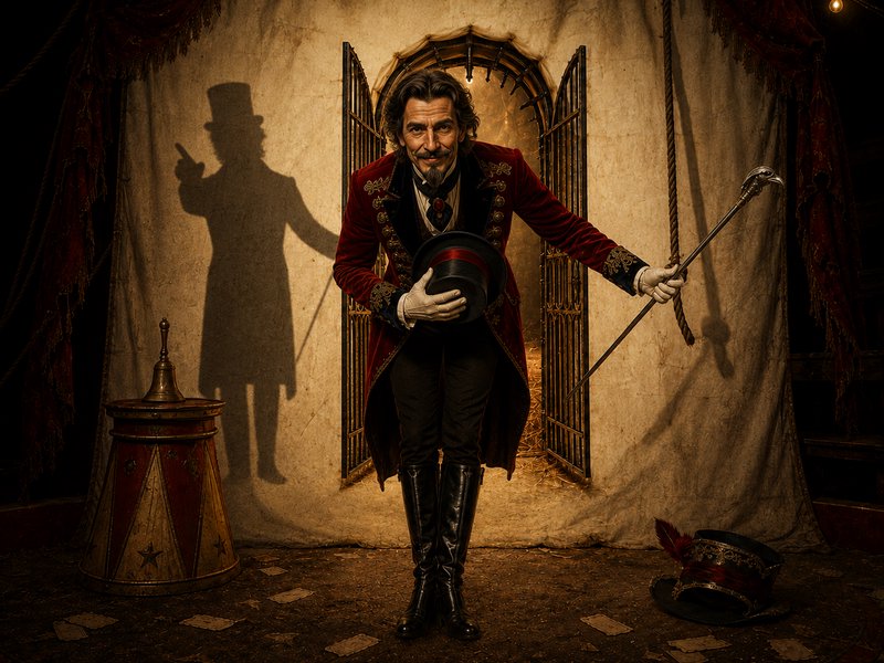 Vintage circus ringmaster in ornate red velvet coat bows holding a top hat and staff inside a moody tattered circus tent.