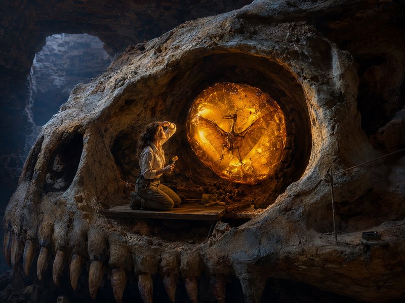 [Female paleontologist kneels inside a giant dinosaur skull observing glowing amber holding a preserved pterosaur fossil i...