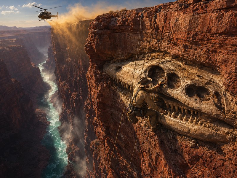 [Rappelling paleontologist excavates giant dinosaur skull fossil embedded in red canyon cliff, helicopter hovers overhead.]