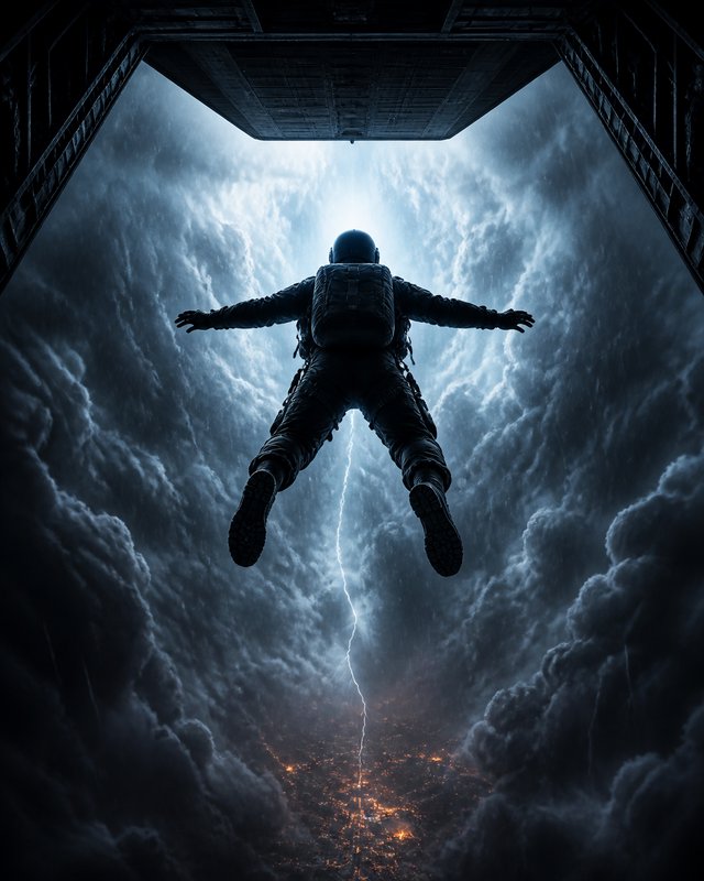 [Silhouetted tactical jumper free falls from an aircraft cargo hatch above storm clouds, lightning striking toward a glowi...