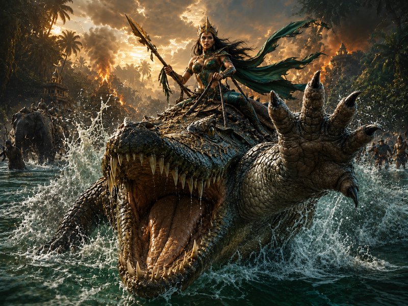 Powerful fantasy warrior queen riding a giant charging crocodile through a jungle river during an epic wartime battle at s...