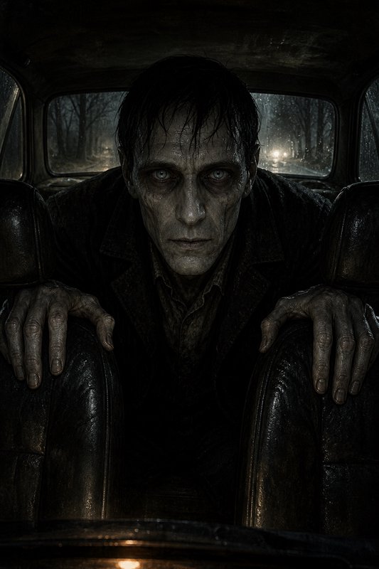 [Eerie gaunt undead man stares intensely from the backseat of a rain-soaked vintage car on a dark rainy night]