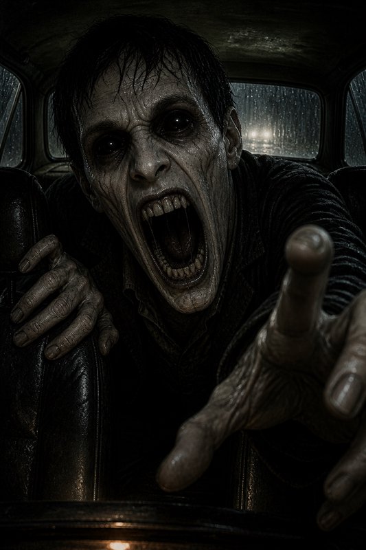 [Gaunt screaming undead zombie reaches toward the viewer from the backseat of a rain-streaked vintage car interior]