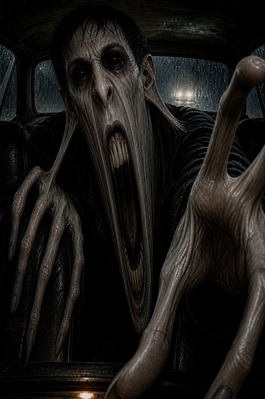 [Grotesque elongated body horror creature reaches toward the viewer from inside a rain-streaked car on a dark stormy night]