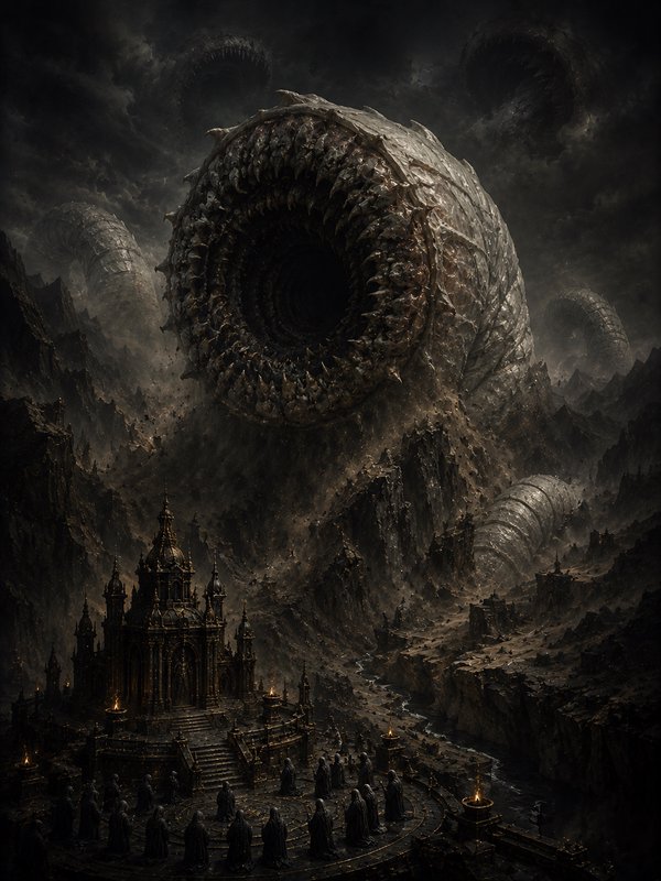 [Massive toothy sandworm leviathan looms over an ornate gothic temple as hooded cultists gather for a dark ritual in a sto...