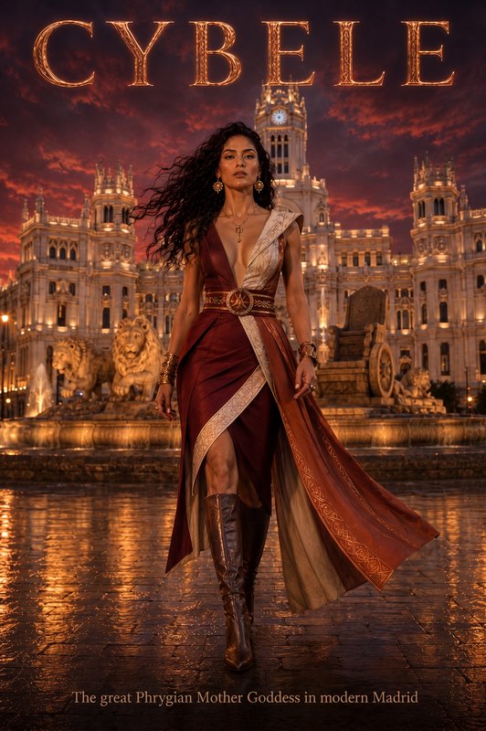 Fantasy poster of goddess Cybele walking before Madrid's Cibeles fountain at dramatic golden dusk