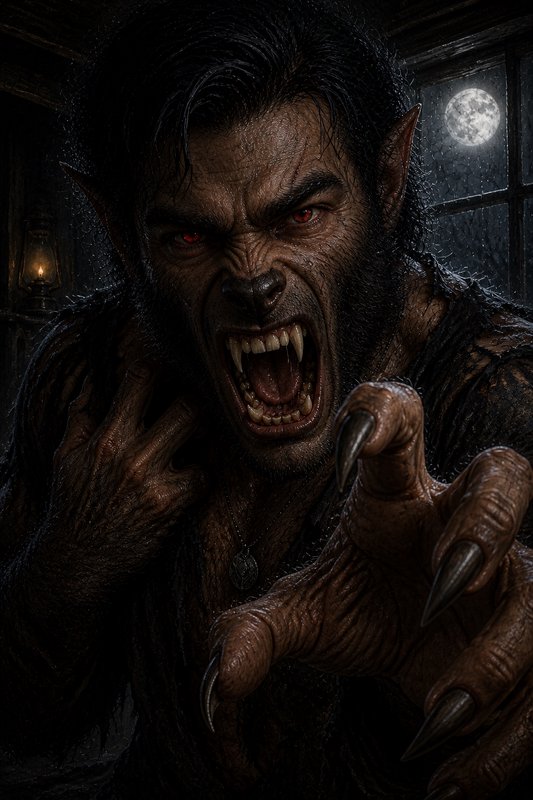[Snarling menacing werewolf with glowing red eyes reaches toward the viewer, full moon visible through a dark cabin window]