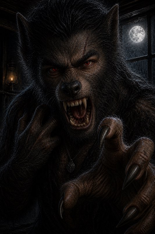 [Menacing snarling werewolf with red eyes and sharp claws reaches toward the viewer, full moon visible through cabin window]