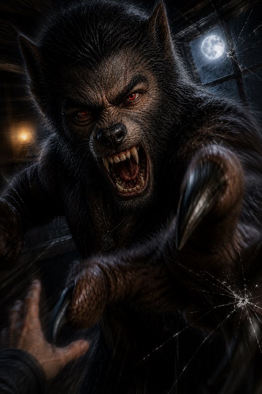 [Snarling dark-furred werewolf with red eyes reaches through cracked cabin glass, full moon visible outside the window]