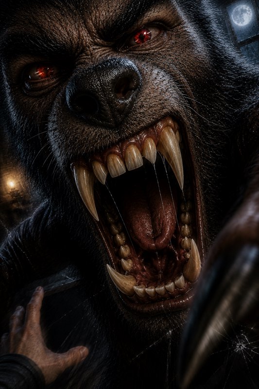 Close-up of snarling red-eyed werewolf baring sharp fangs, pressed against cracked glass with a full moon in the dark back...