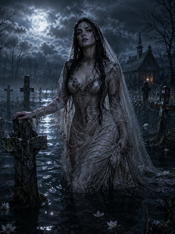 [Spectral undead bride in tattered wedding dress standing in a flooded moonlit graveyard, hand resting on a stone cross he...