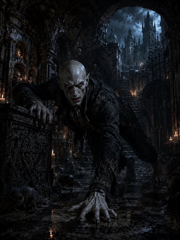[Menacing pale Nosferatu vampire crawls toward the viewer from a candlelit gothic castle crypt]