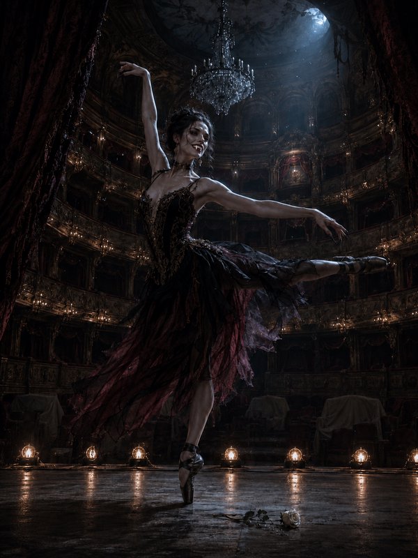 [Vampire ballerina posed en pointe on a dim stage inside an ornate abandoned gothic opera house under moonlight]