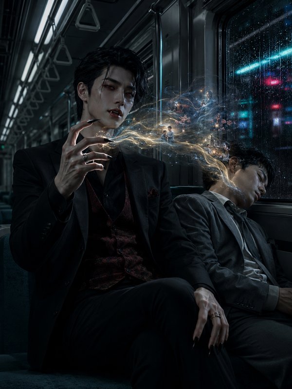 [Handsome modern vampire sits on a rainy night subway, siphoning glowing dream energy from a sleeping suited commuter besi...