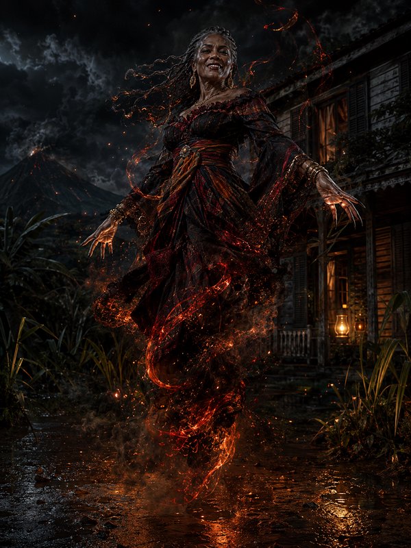 Powerful older voodoo priestess floats wreathed in glowing fiery ember magic outside an old wooden home on a stormy dark n...