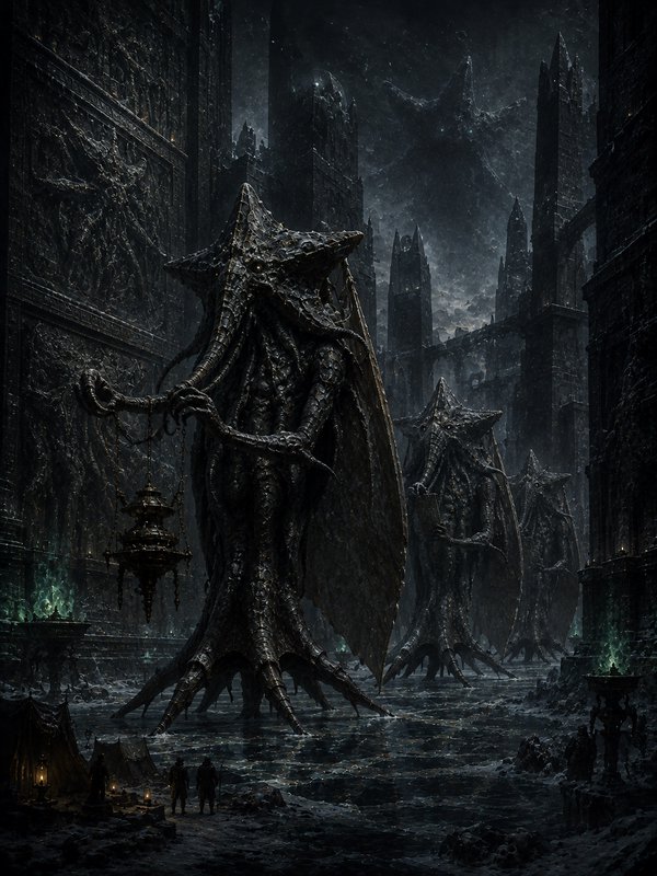[Towering star-headed eldritch Lovecraftian creatures stand in flooded dark gothic ruins, as tiny human explorers observe ...