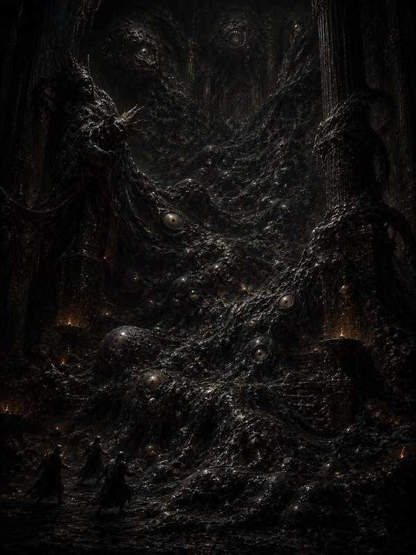 [Towering eyeball-covered eldritch horror entity looms over tiny robed figures inside a crumbling gothic throne chamber]