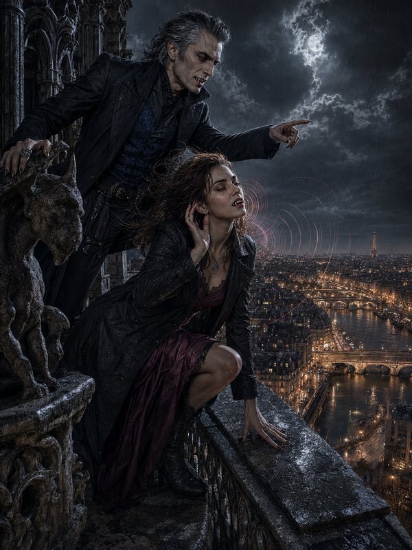 [Two gothic vampire figures perch on a cathedral rooftop ledge overlooking a stormy moonlit Paris skyline beside a stone g...