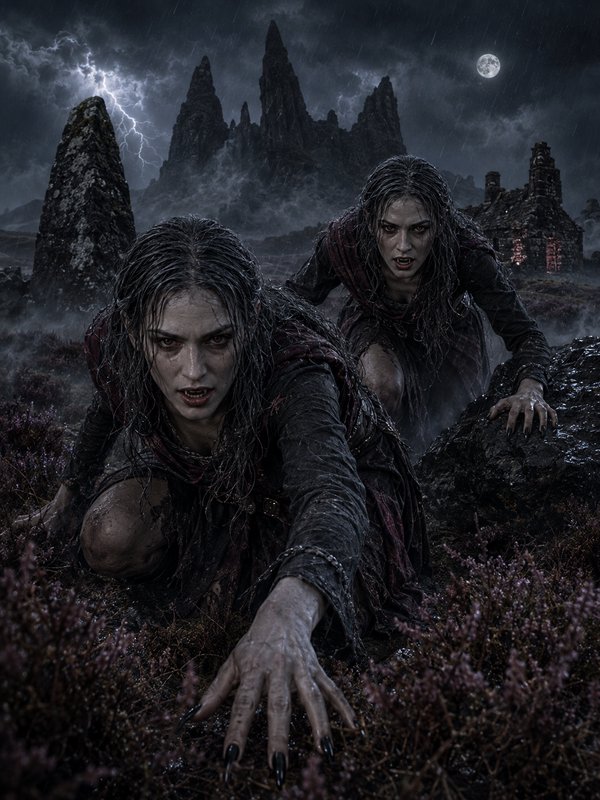 [Two feral undead vampire women crawl toward the viewer on a stormy moonlit moor under lightning and jagged mountain peaks]