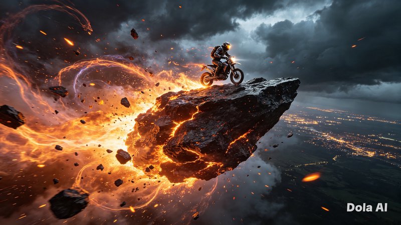 [Armored motorcycle rider perched on floating fiery rock, surrounded by swirling explosive energy above a stormy night city]