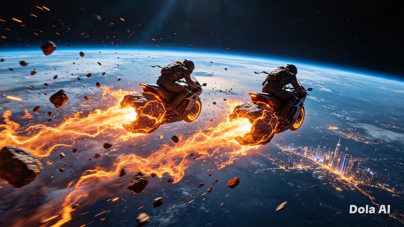 Two helmeted motorcyclists on flame-thruster bikes race through Earth orbit past floating asteroids.