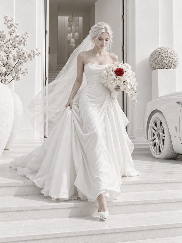 Elegant blonde bride in a strapless silk wedding dress descends white marble steps holding a whit...