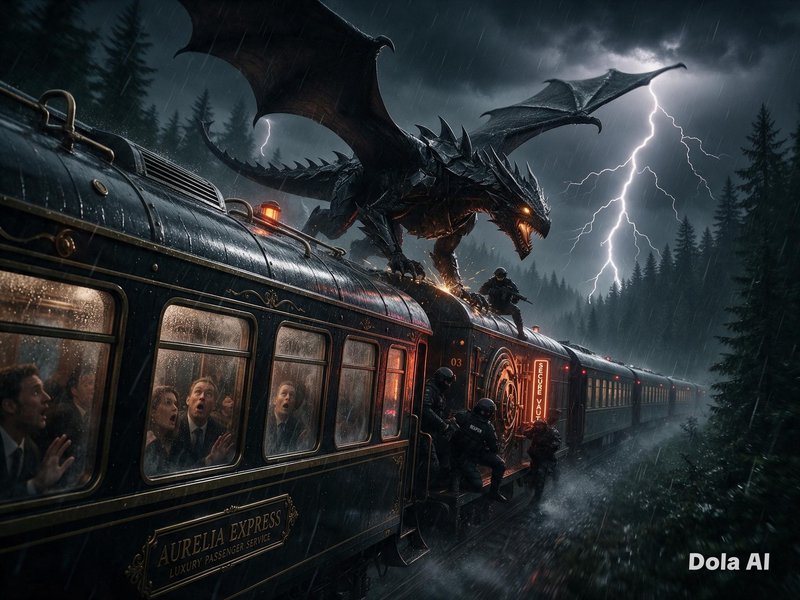 Armored black dragon perches menacingly on the Aurelia Express train during a storm, as guards de...