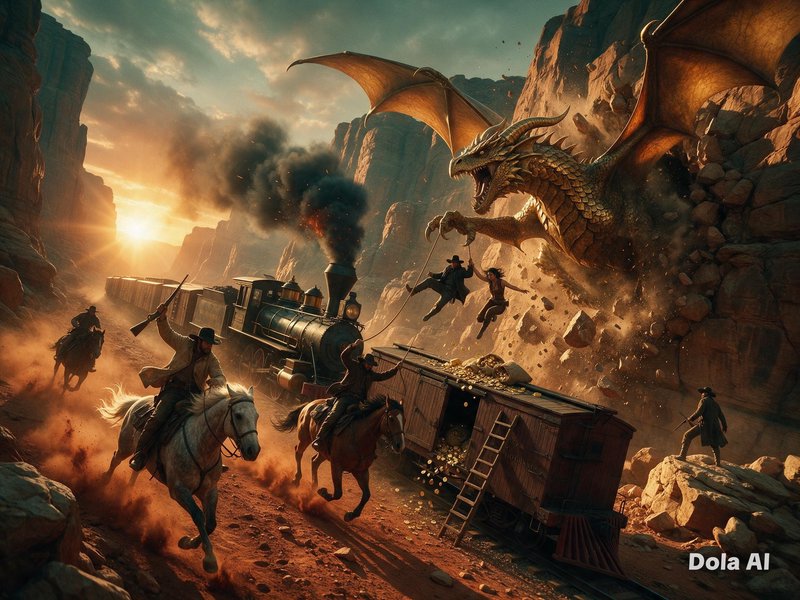 [Massive golden dragon ambushes a wild west steam train, as cowboys on horseback react in a rocky canyon at sunset.]
