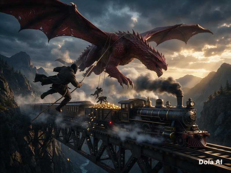Red dragon and thieves rob a gold-carrying steam train crossing a mountain railway bridge at stormy sunset