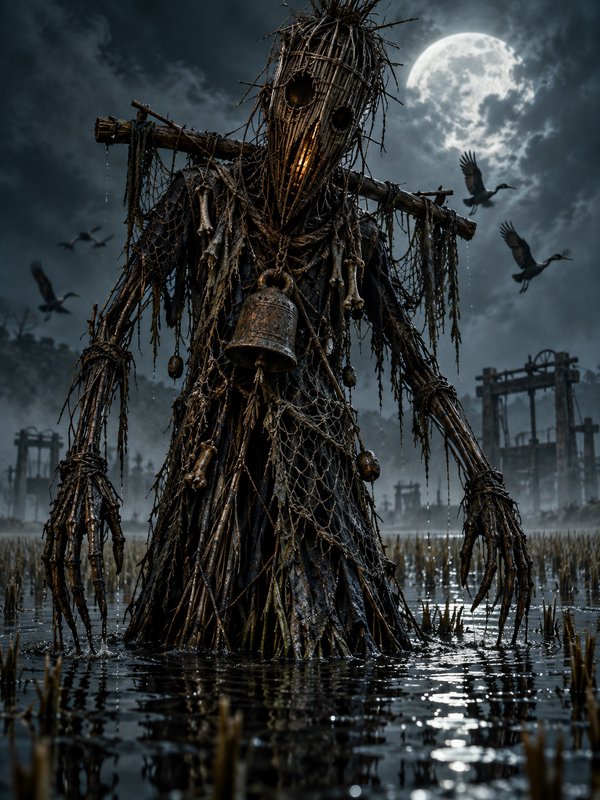 Menacing wicker swamp scarecrow with a rusted bell stands half-submerged in marsh water under a c...
