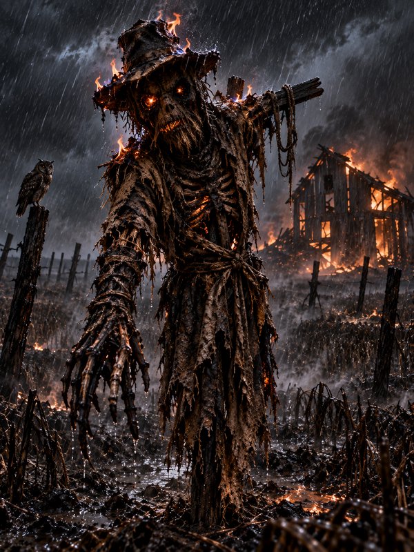 Menacing flaming skeletal scarecrow stands in a stormy burning farm field, owl perched on fence p...