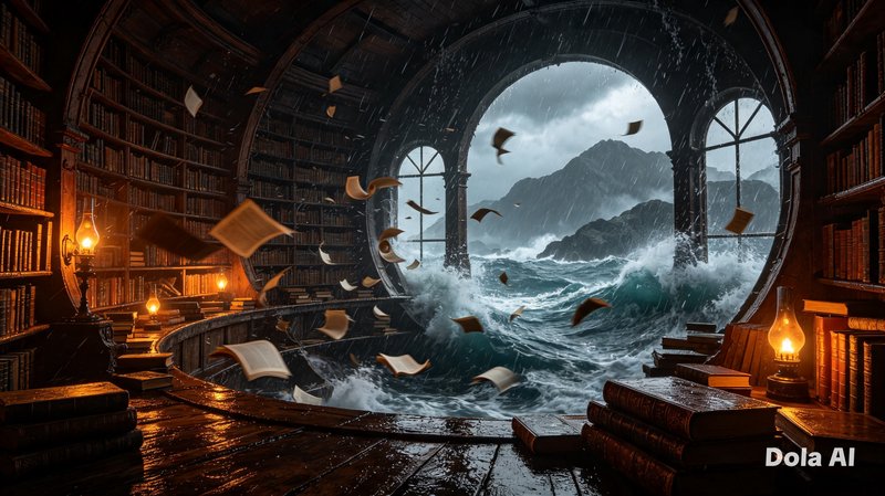Surreal vintage library interior where stormy ocean waves crash through arched windows, loose boo...