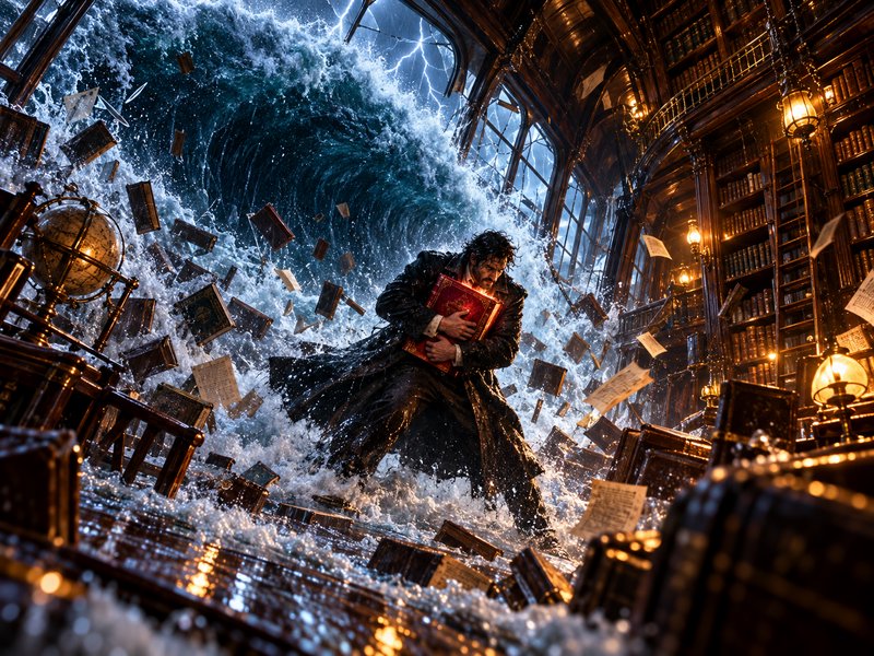 Man clutches a glowing magical book as a giant tidal wave floods an ornate vintage gothic library...