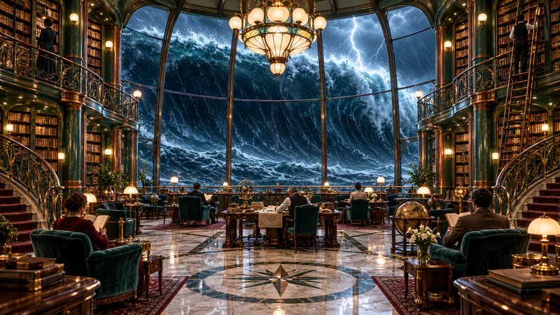 Ornate steampunk library interior with reading patrons, overlooking a massive crashing tsunami storm wave through a