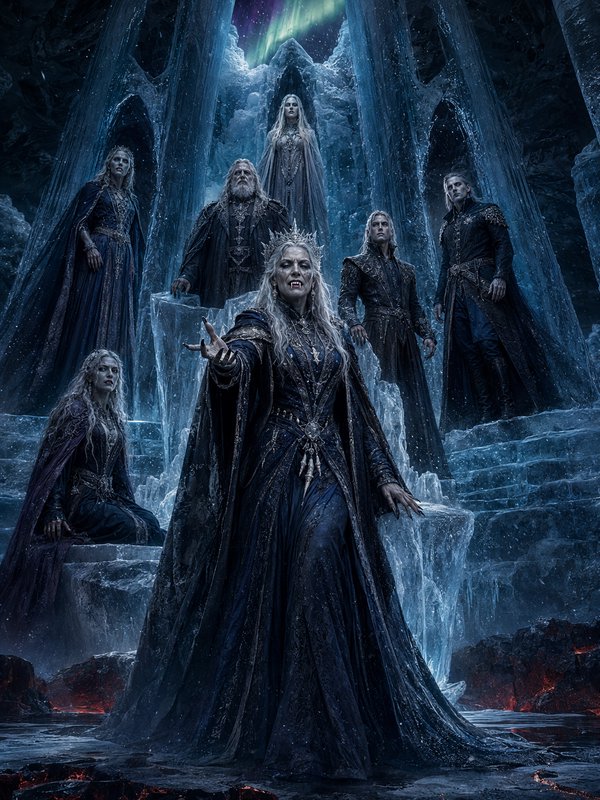Regal icy vampire queen extends her hand, surrounded by her elven royal court in a frozen cavern ...