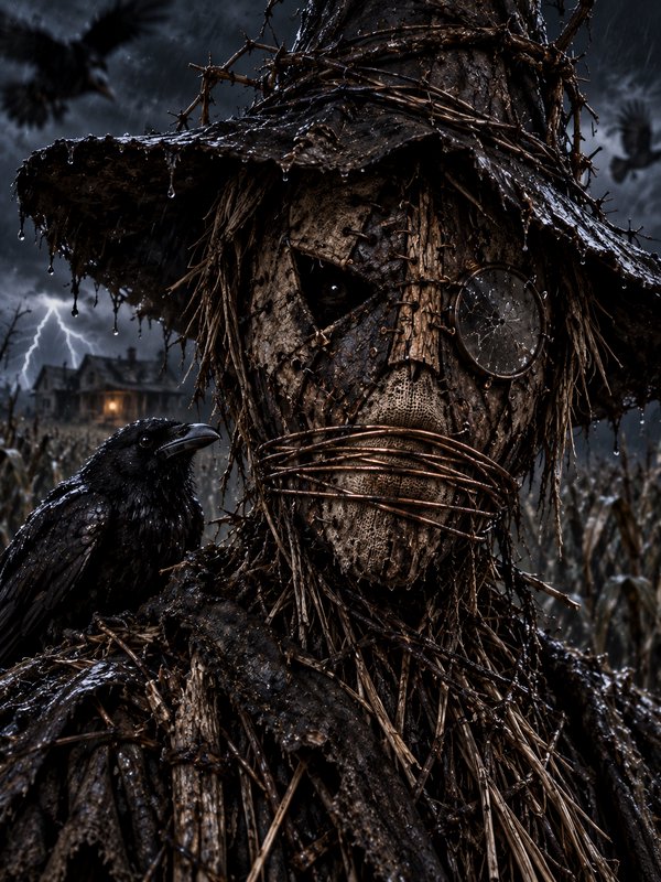 Close-up of eerie wet straw scarecrow with perched raven, stormy thunderstorm sky and haunted far...