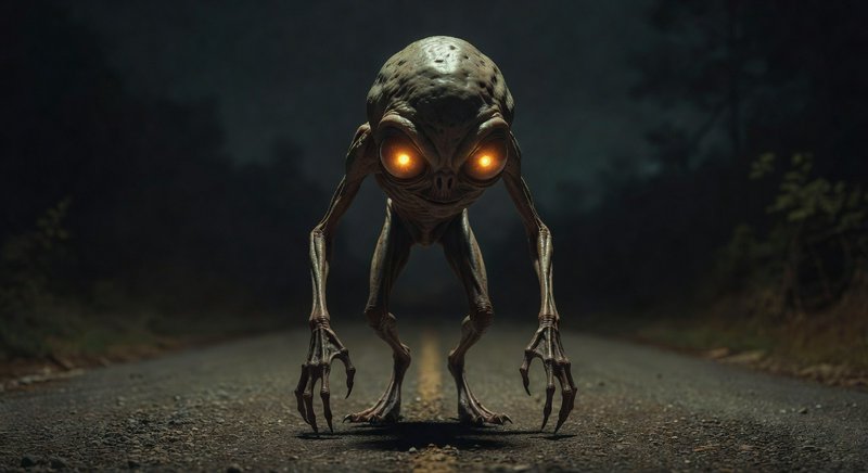 Gaunt large-headed alien creature with glowing orange eyes stands menacingly on a dark misty rura...