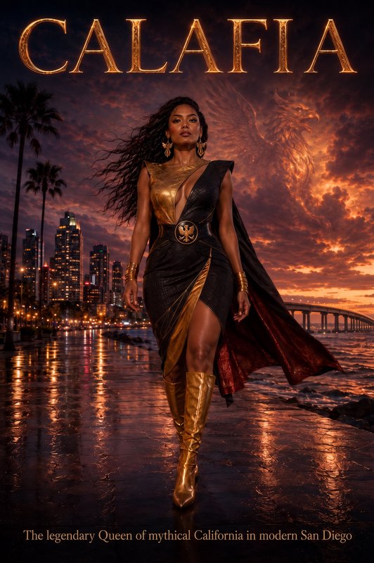 Fantasy poster of legendary Queen Calafia walking along the San Diego bay waterfront at dramatic ...