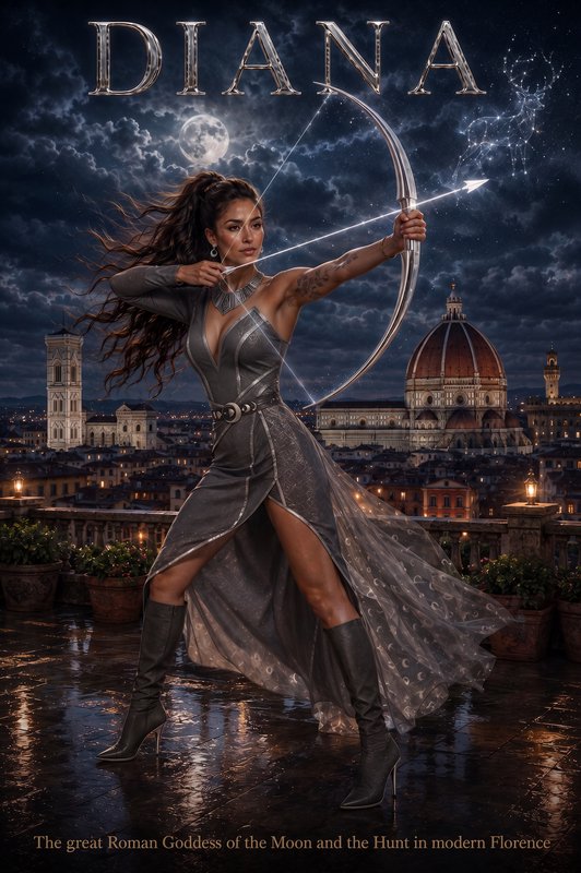 Poster art of Roman goddess Diana drawing a glowing silver bow overlooking a moonlit Florence cit...
