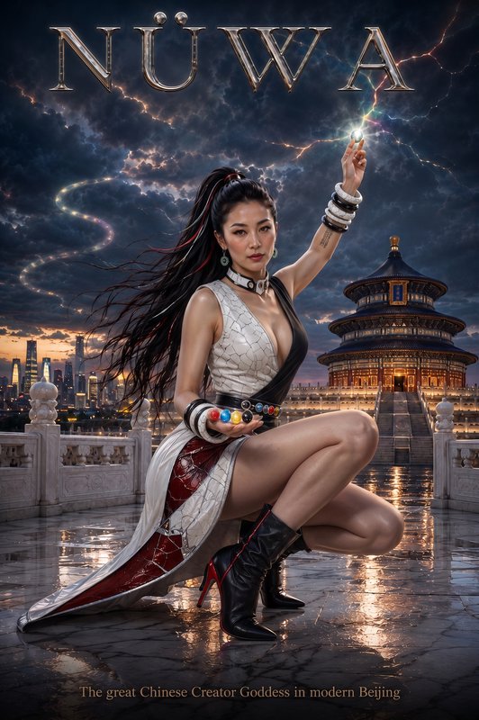 Cinematic fantasy poster of Nüwa, Chinese creator goddess, crouched with magical orbs before Beij...