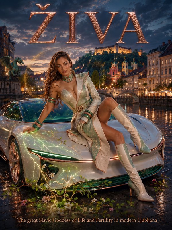 Elegant Slavic goddess Živa sits atop a glowing enchanted sports car against a twilight Ljubljana...